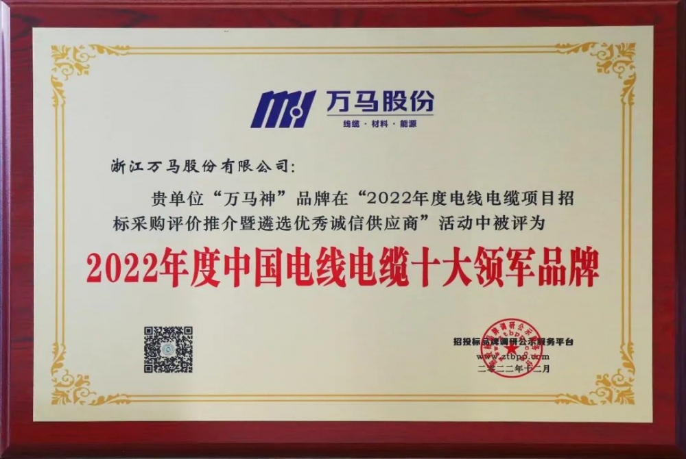 MYBALL迈博电缆荣登“2022年度中国电线电缆十大领军品牌” 